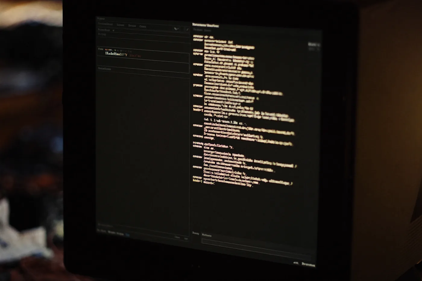 An API console on a monitor showing a request and its response, dark theme.