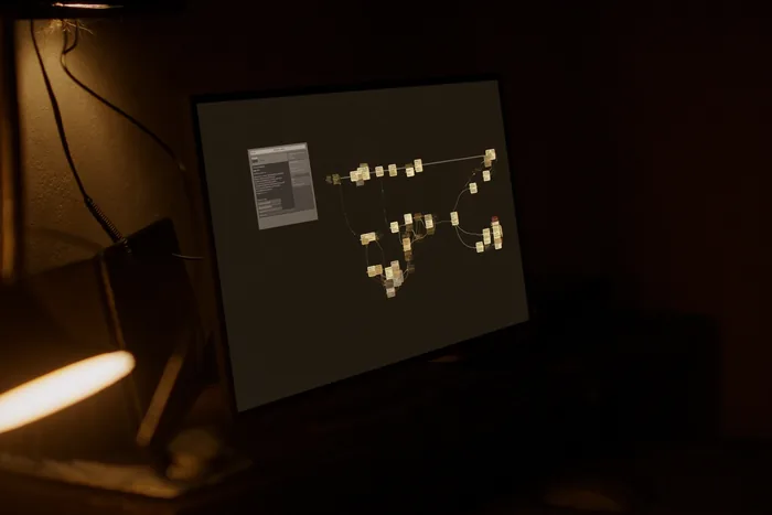 A workflow builder on a monitor, connected steps on a dark canvas.