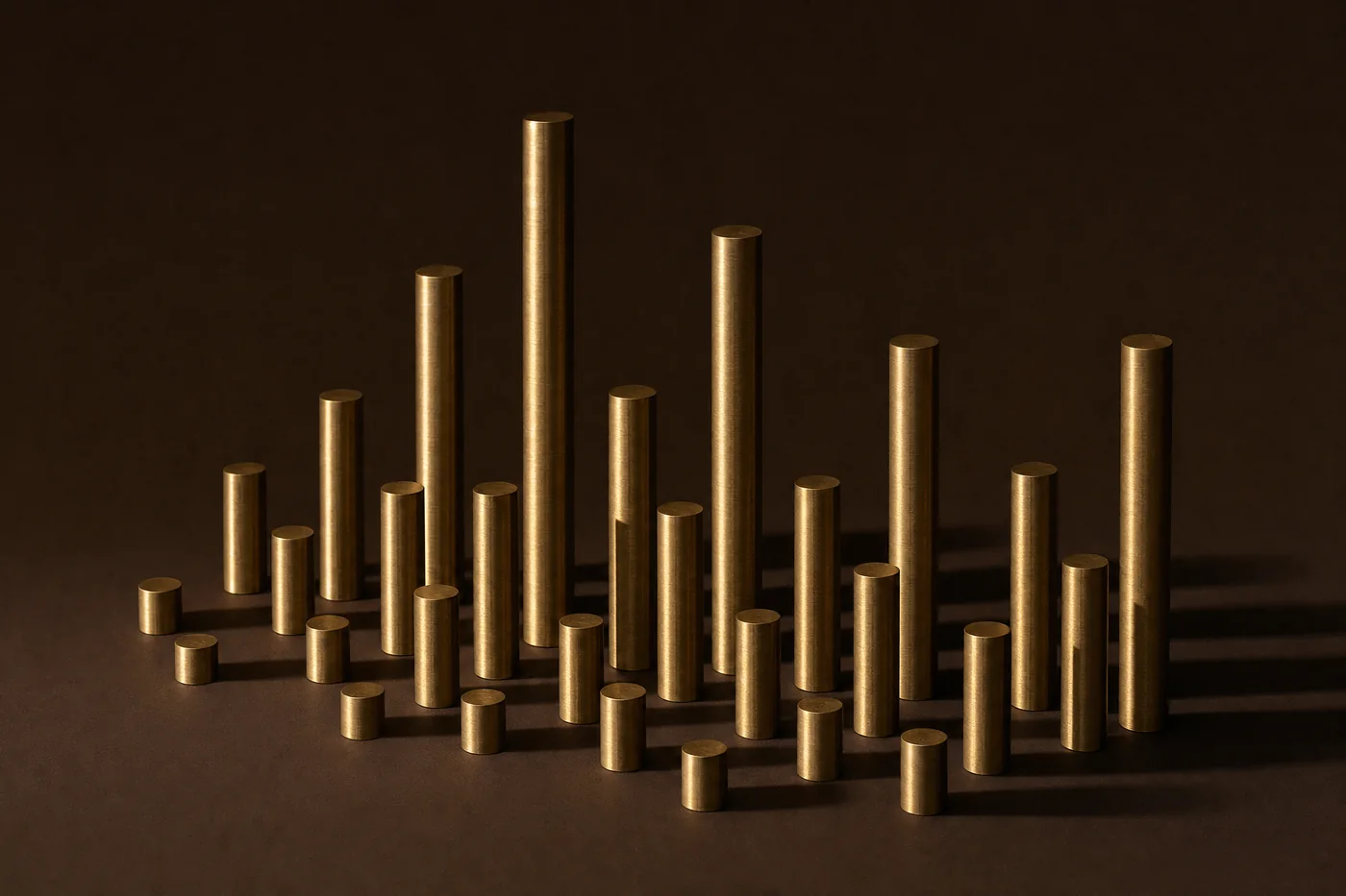 An array of upright brass cylinders of varying heights on a grid, casting long ordered shadows.