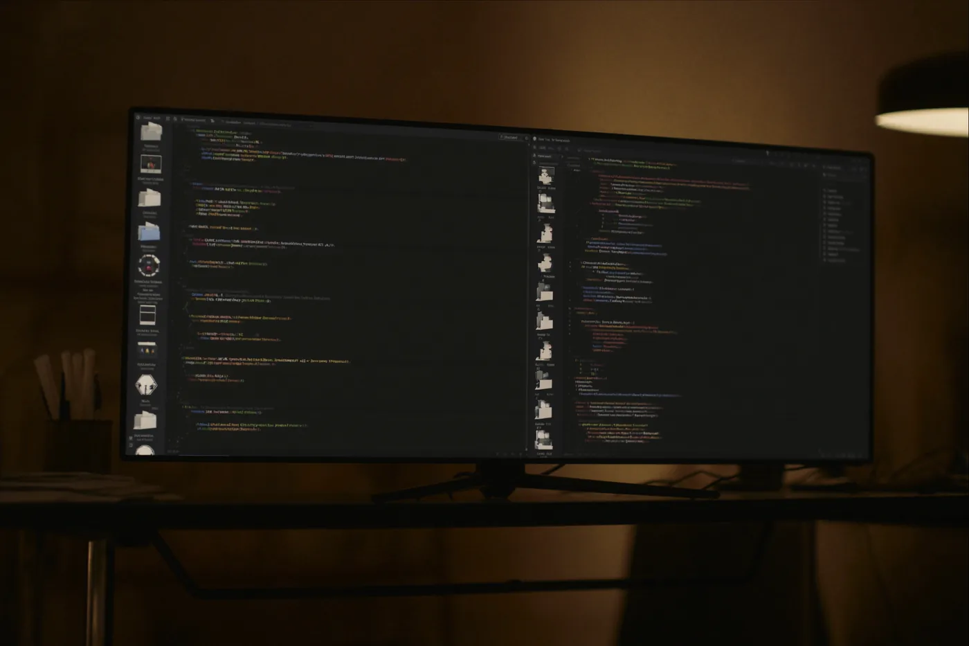 A split-pane code editor filling a wide monitor in a dark room.