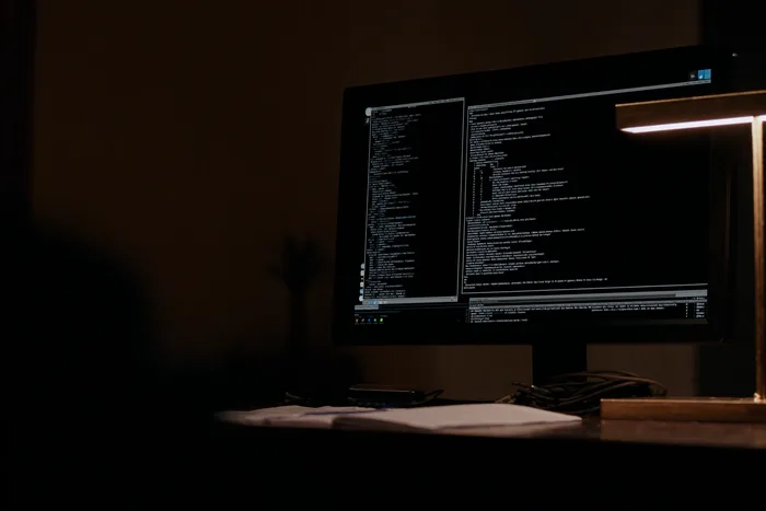 A terminal window full of code on a dark monitor, a warm desk lamp raking across the bezel.