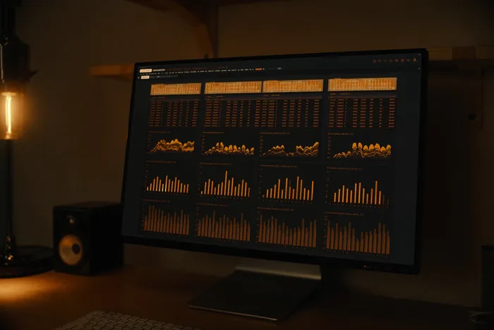 An operations dashboard lit on a monitor in a dark room.