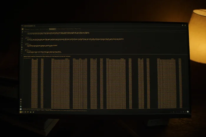 A database query console on a monitor, results laid out in a dense grid.