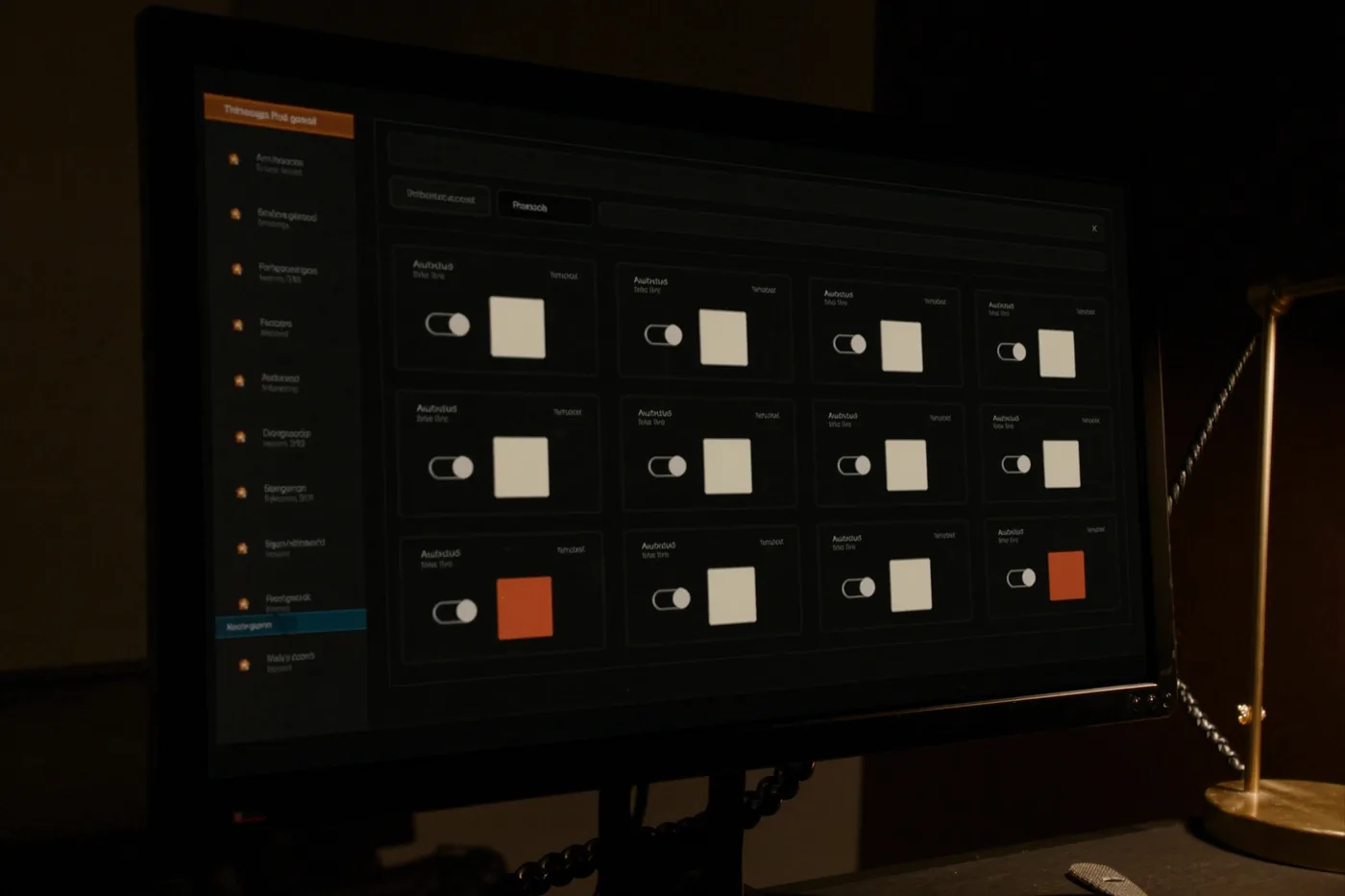 An integrations panel on a monitor, connected services shown as a grid of cards.