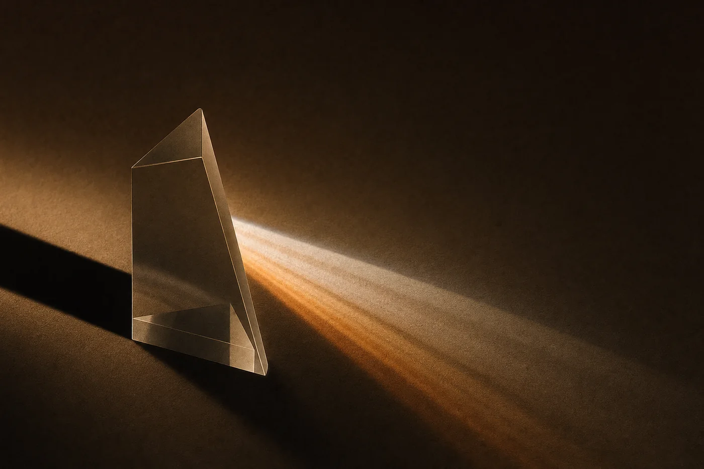 A glass prism splitting a single hard warm light into a fan of amber and bone-white bands.