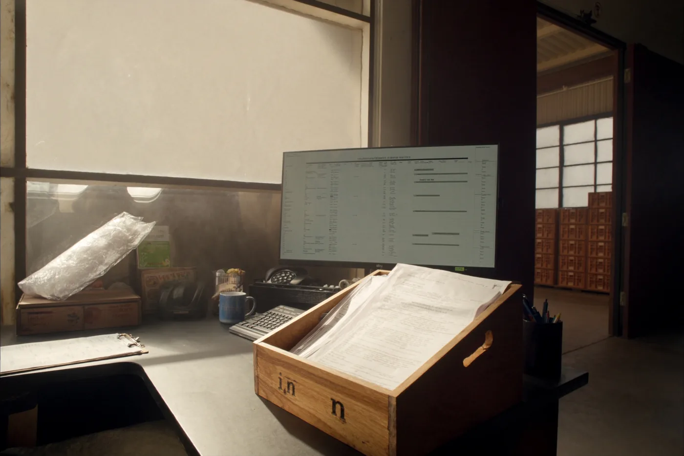 A produce packhouse shipping desk: an order board on a wide monitor, a wooden tray of paperwork, and the packing bay with stacked crates beyond.