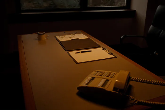 A small professional office desk with a closed folder and reading glasses.