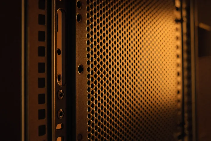 A server rack rail and perforated airflow panel in warm raking light.