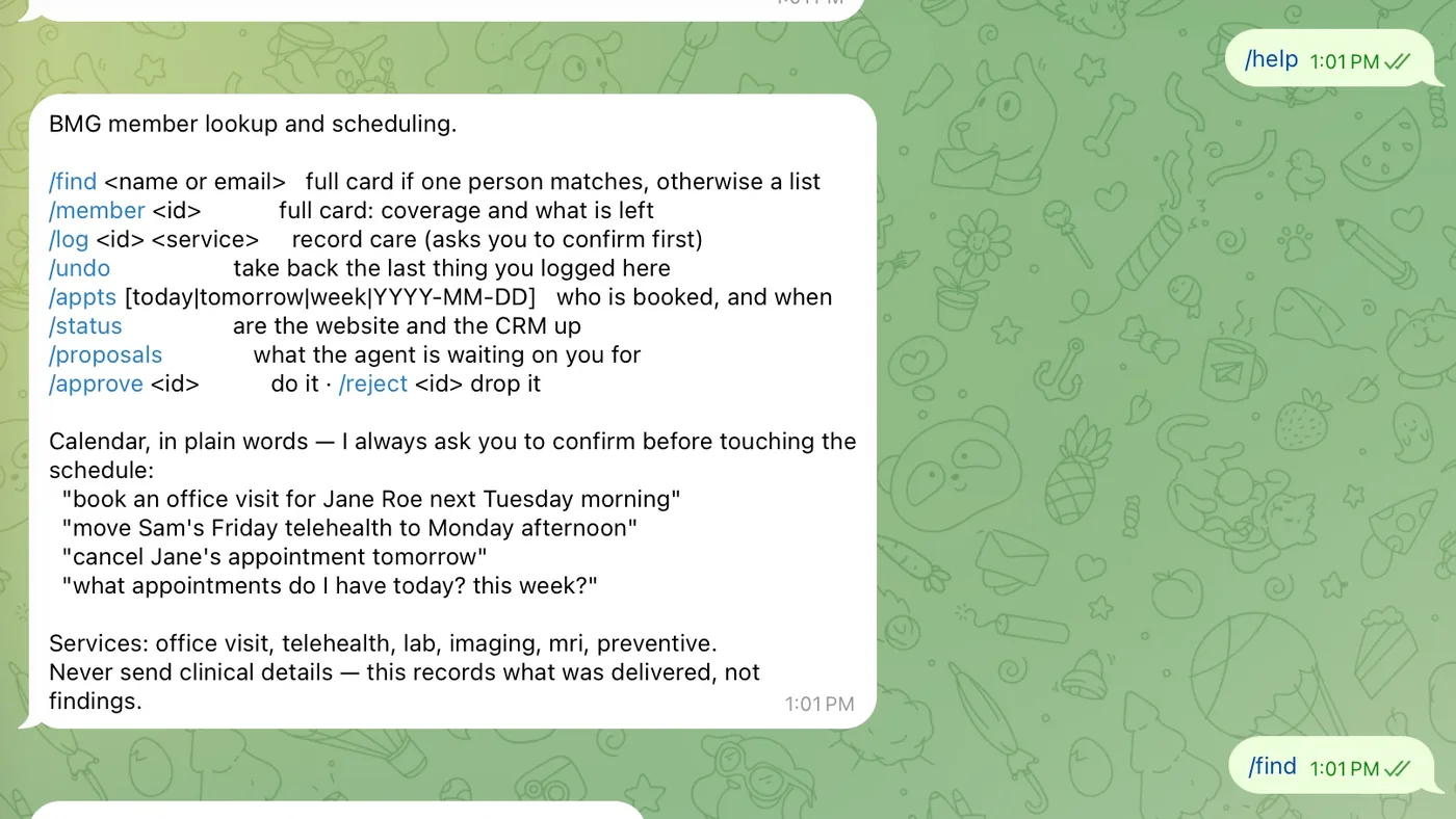 BMG Monitor’s help message in Telegram: member lookup, scheduling and approval commands.