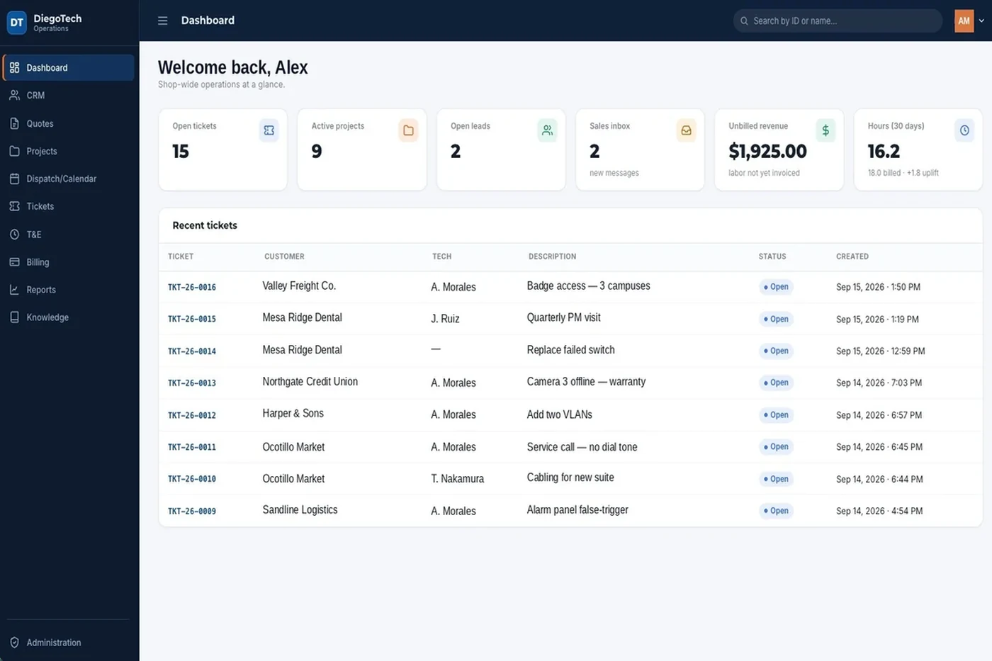 The DiegoTech Operations dashboard: open tickets, active projects, unbilled revenue and a recent-ticket table.