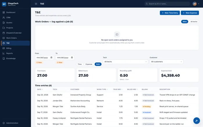 The time and expenses screen: work orders to log against, then true hours, billed hours and expense totals.