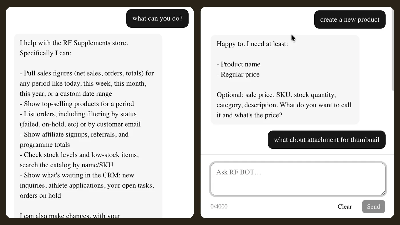 Two RF BOT exchanges: what it can do, and the questions it asks before creating a product.