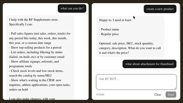 Two RF BOT exchanges: what it can do, and the questions it asks before creating a product.