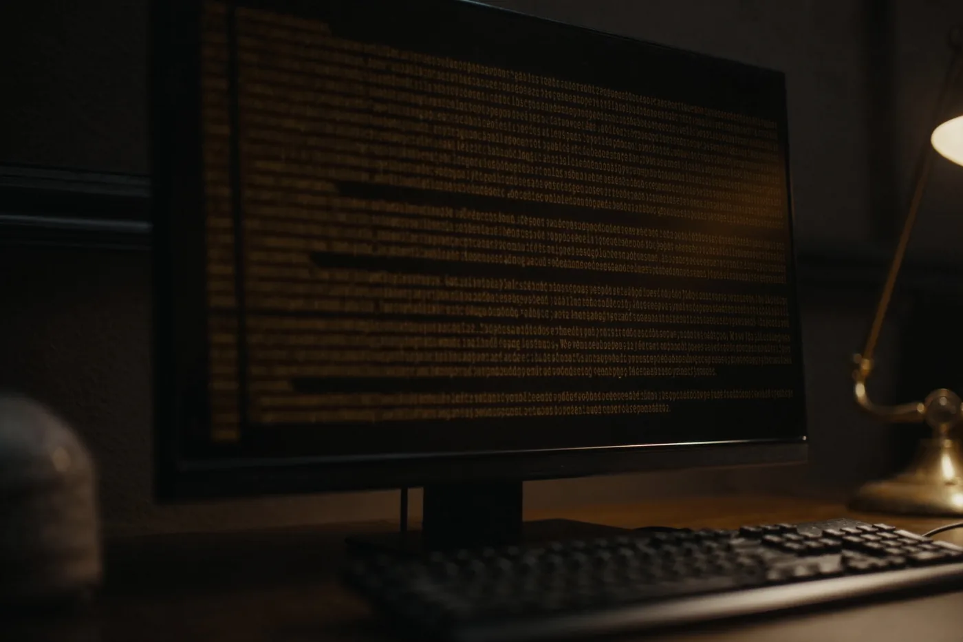 An audit log console on a monitor, rows of monospace entries in amber.