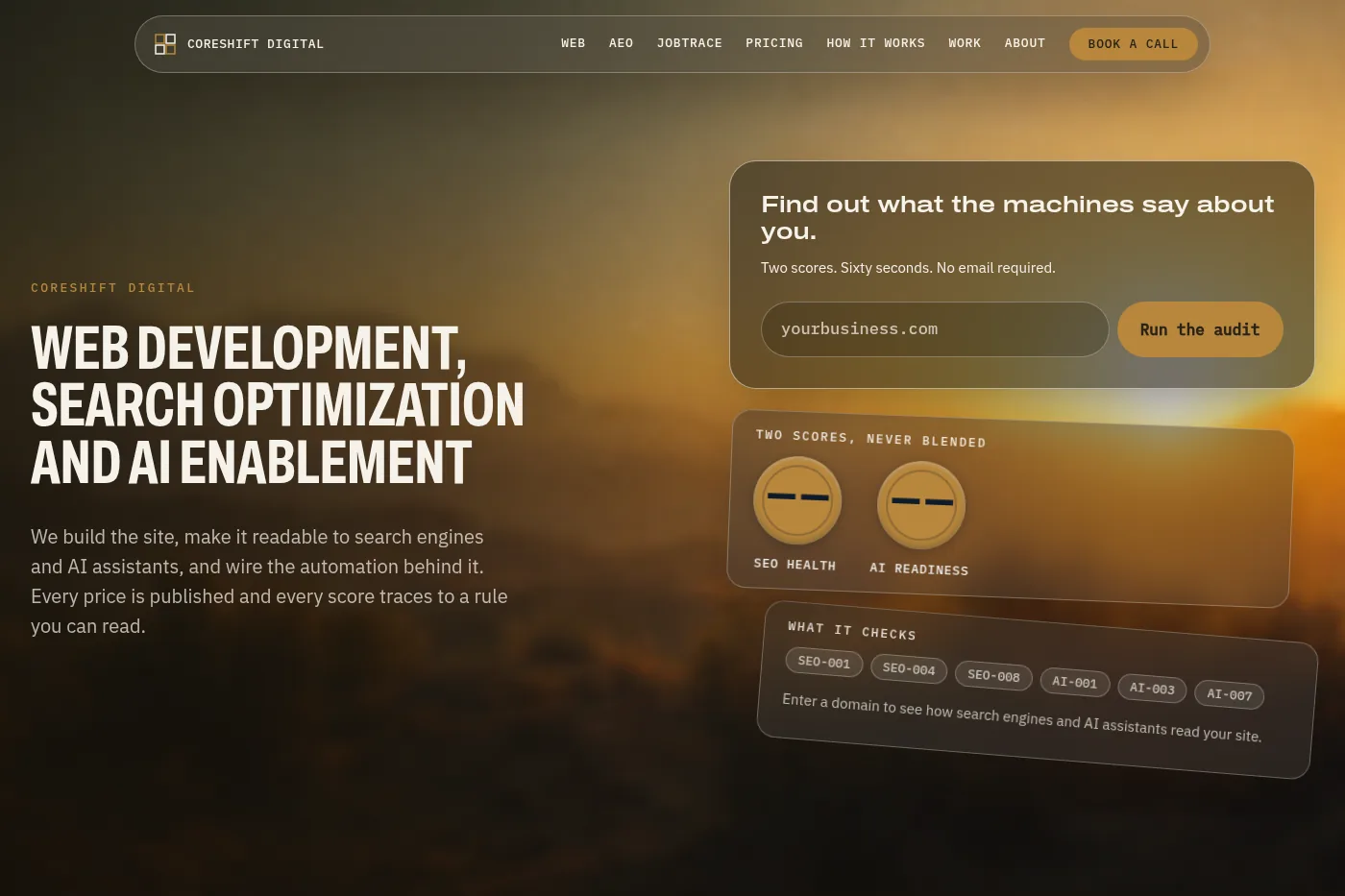 The CoreShift Digital homepage with its audit form.