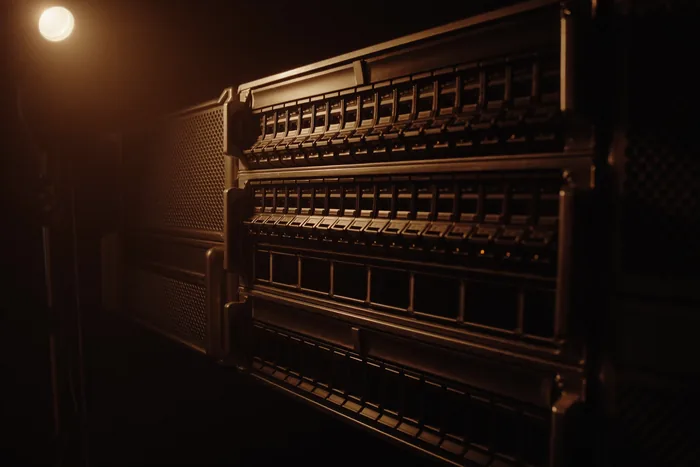 A rack-mounted storage array, rows of drive bays picked out by warm light.